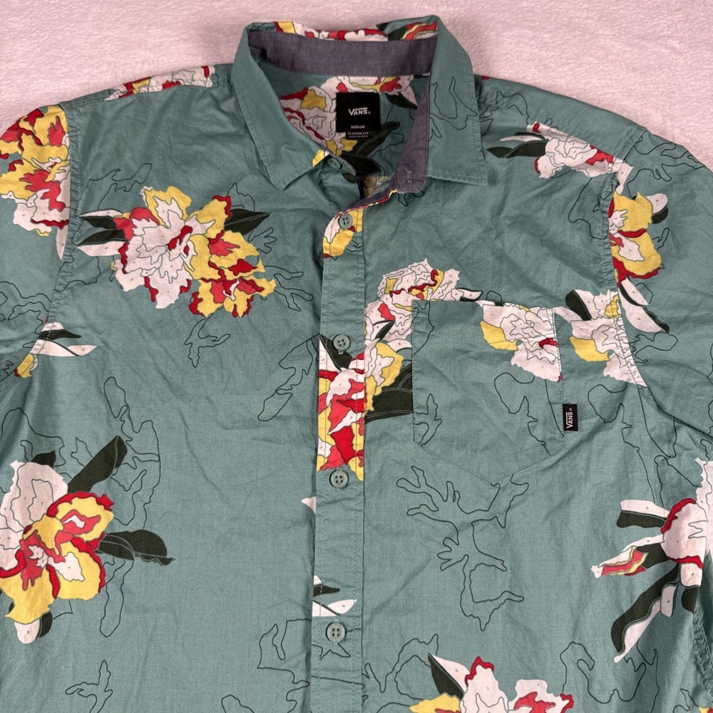 Vans M Green Floral Hawaiian Shirt Tropical Button Up Cotton Classic Fit Mens